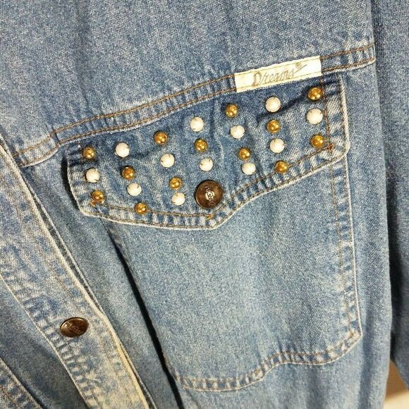 𝅺VINTAGE DREAMS Denim Dress Blue Shoulder Pads Cinched Elastic Waist Large - Picture 6 of 8